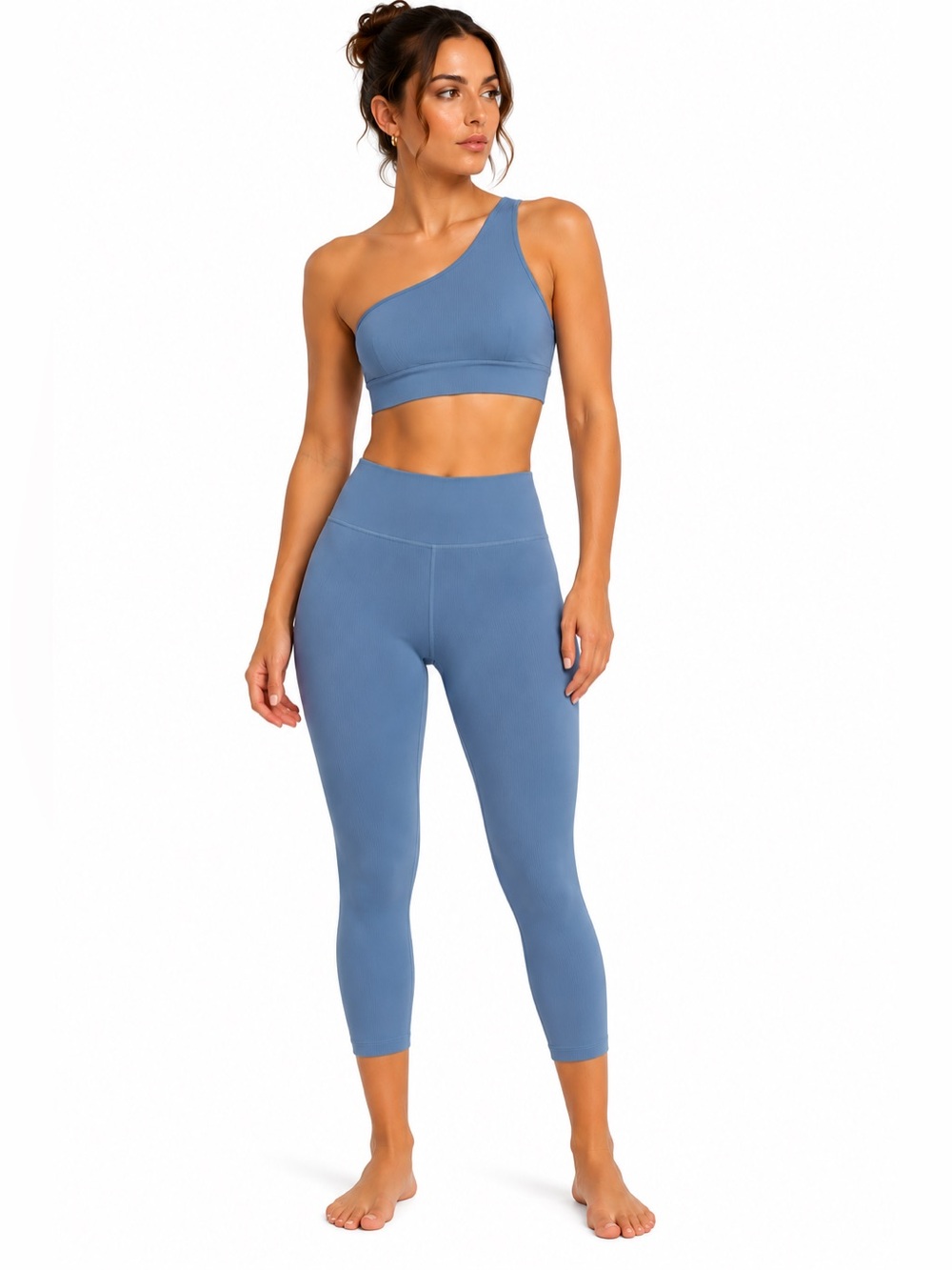 WILO The Label Blue Ribbed Activewear One Shoulder Top & Leggings Set Size Small
